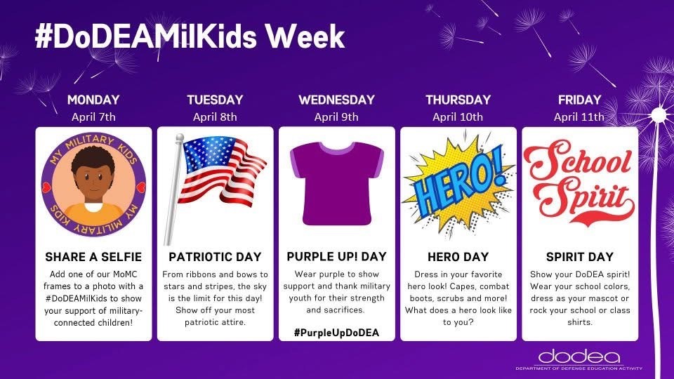 MOMC Spirit Week: April 7 Share a selfie, April 8 Patriotic Day, April 9 Purple Up Day, April 10 Hero Day, April 11 School Spirit Day